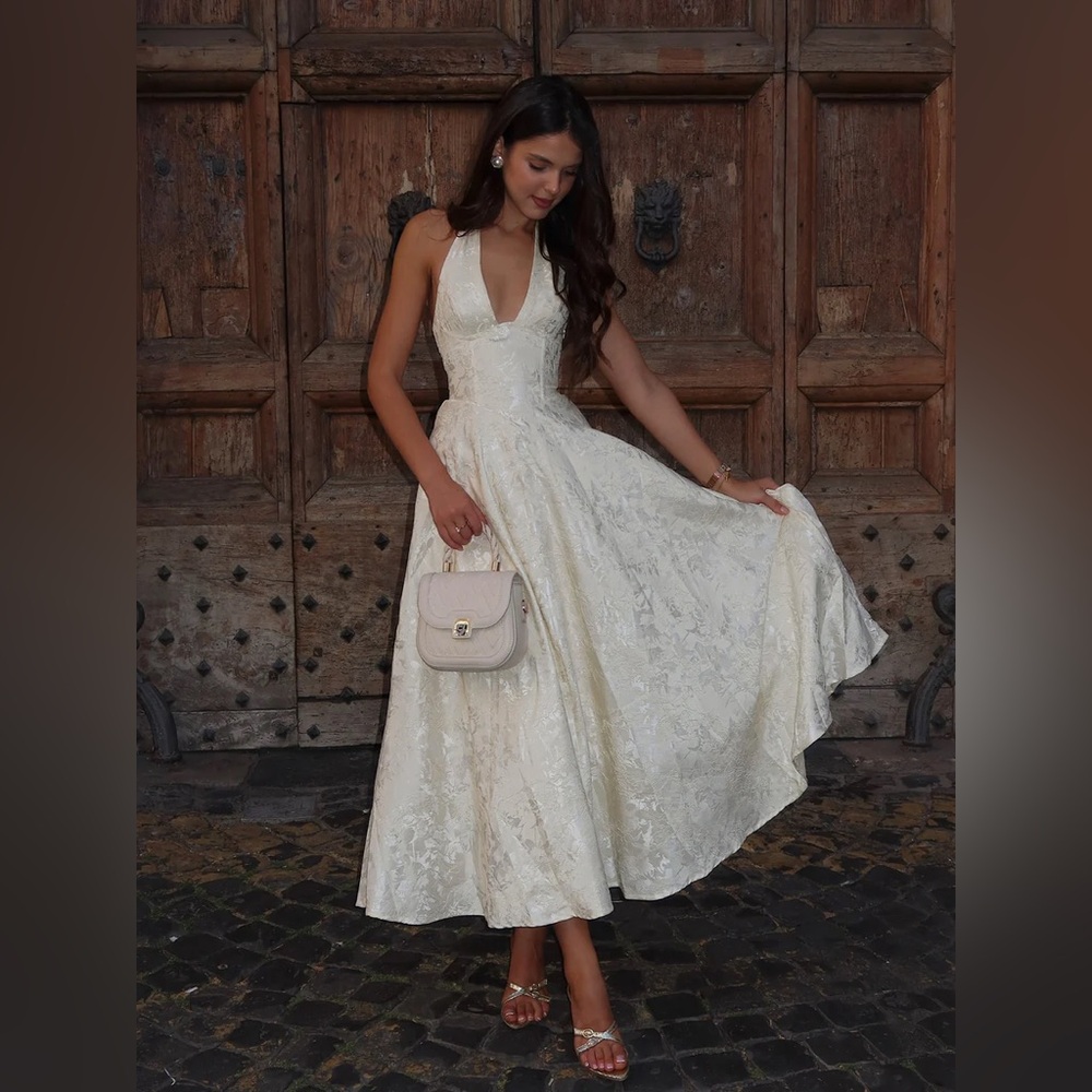 Commense Ivory Halter Brocade Midi Dress